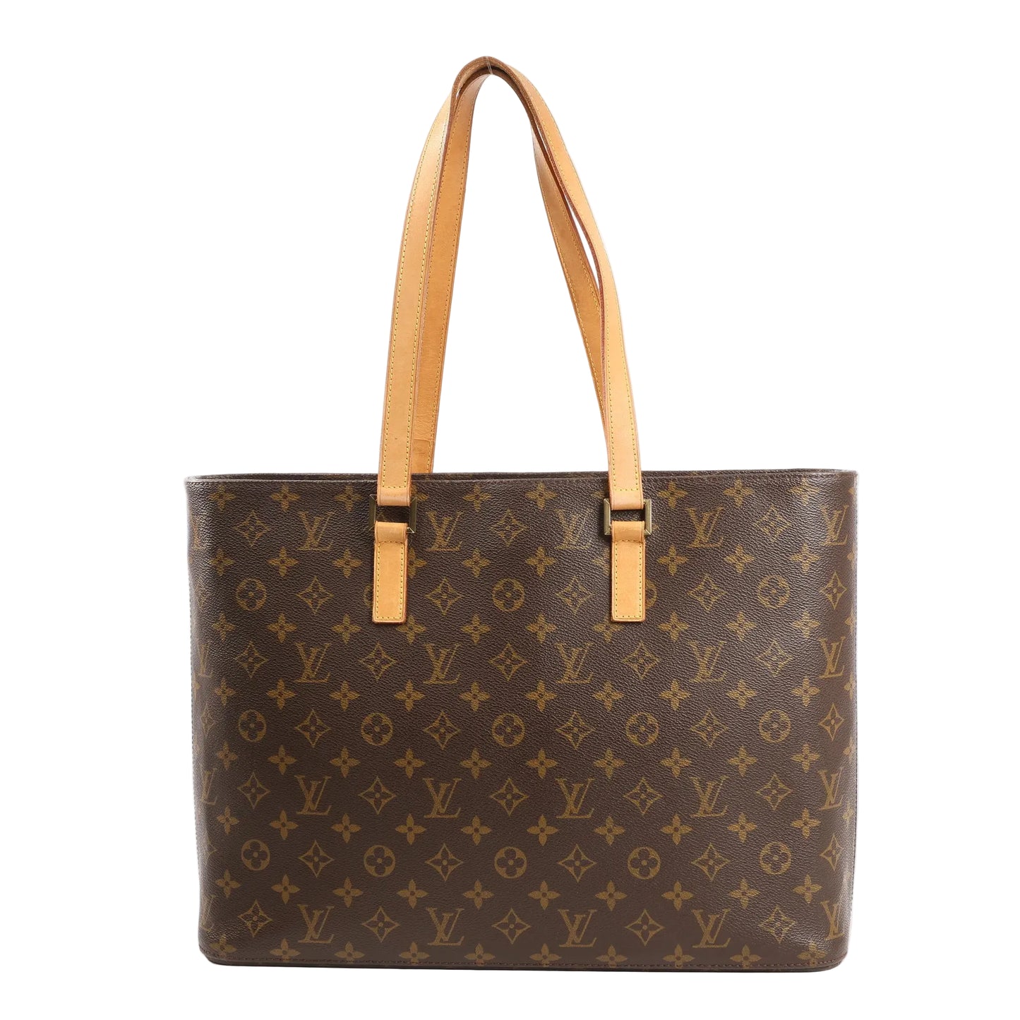 Front view of the Louis Vuitton Luco Shoulder Bag M51155 in brown Monogram canvas, featuring dual natural leather shoulder straps and a rectangular structured design.