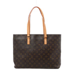 Brown Louis Vuitton Luco Monogram tote with a wide rectangular shape, two long tan leather shoulder straps and gold-tone strap fittings.