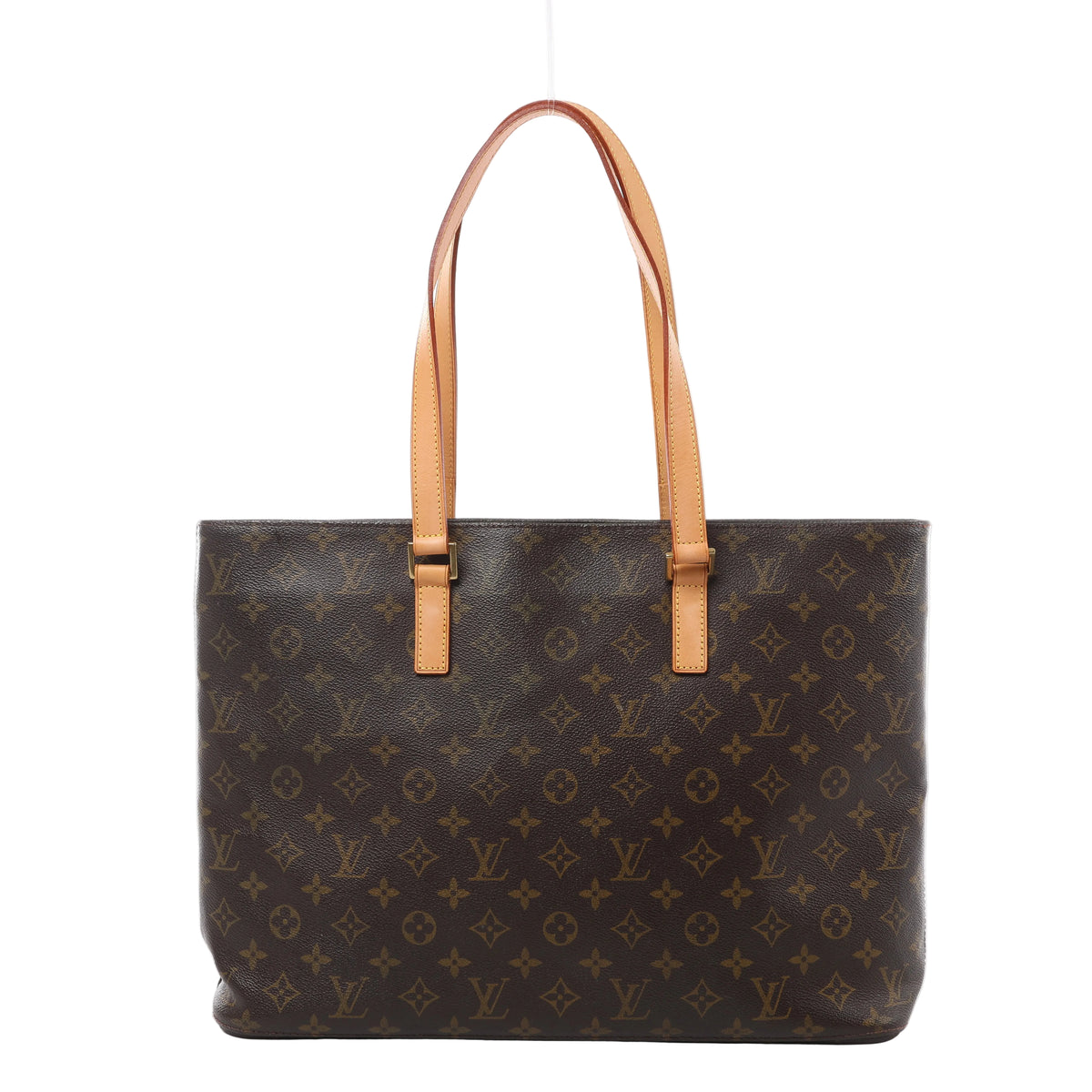 Brown Louis Vuitton Luco Monogram tote with a wide rectangular shape, two long tan leather shoulder straps and gold-tone strap fittings.
