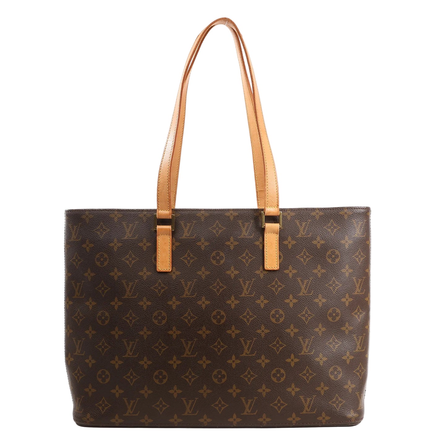 Louis Vuitton Luco Shoulder Bag M51155 in brown Monogram canvas with natural leather shoulder straps and a large, structured rectangular silhouette.