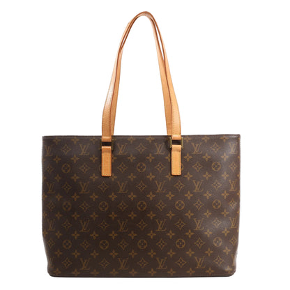 Louis Vuitton Luco Shoulder Bag M51155 in brown Monogram canvas with natural leather shoulder straps and a large, structured rectangular silhouette.