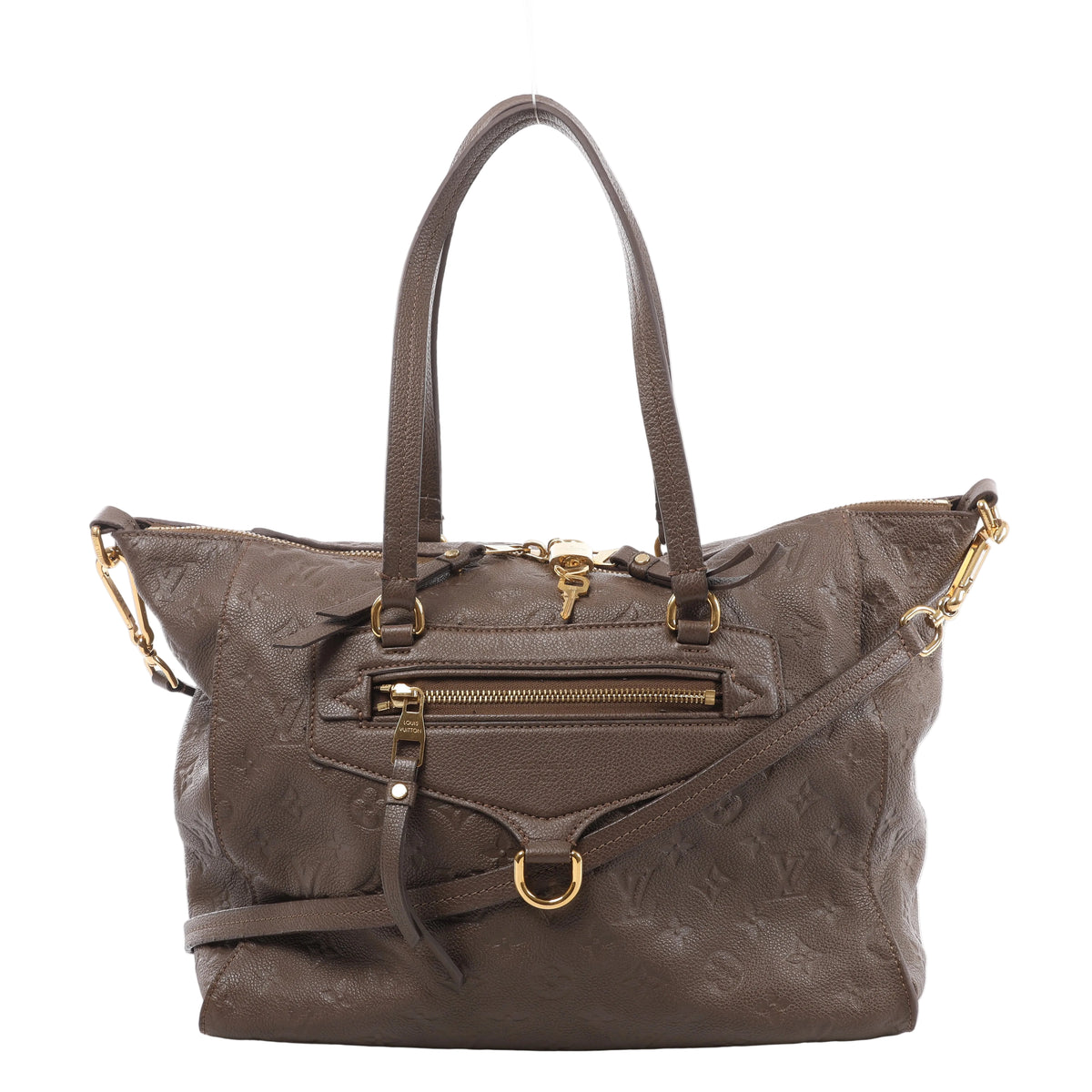 Front view of a brown Louis Vuitton Lumineuse PM bag with embossed Monogram leather, twin handles, a shoulder strap, front zip pocket and gold-tone hardware.