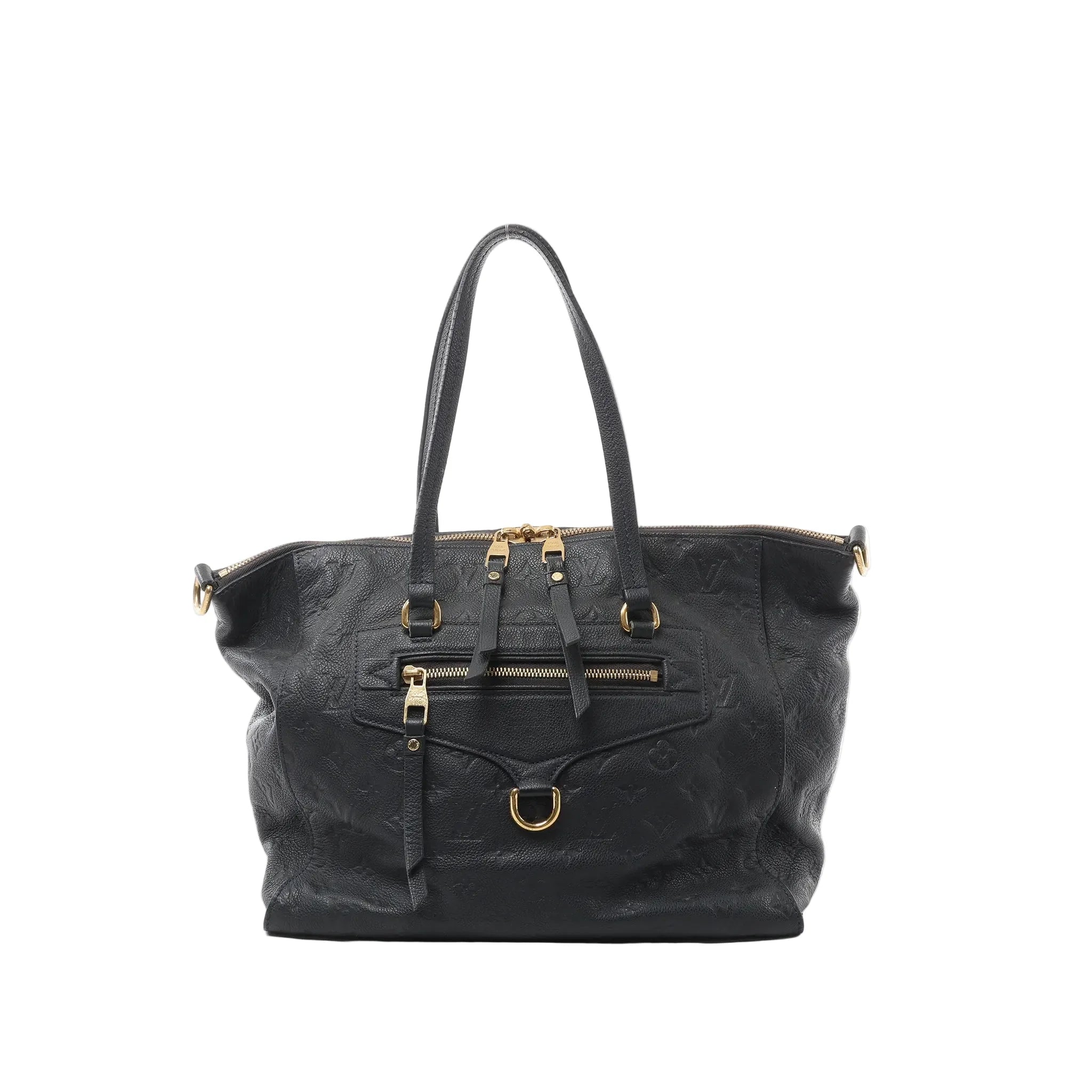 Louis Vuitton Lumineuse PM shoulder bag in navy Monogram Empreinte leather with gold-tone hardware, top zip closure, front zip pocket, and two shoulder straps on a white background.