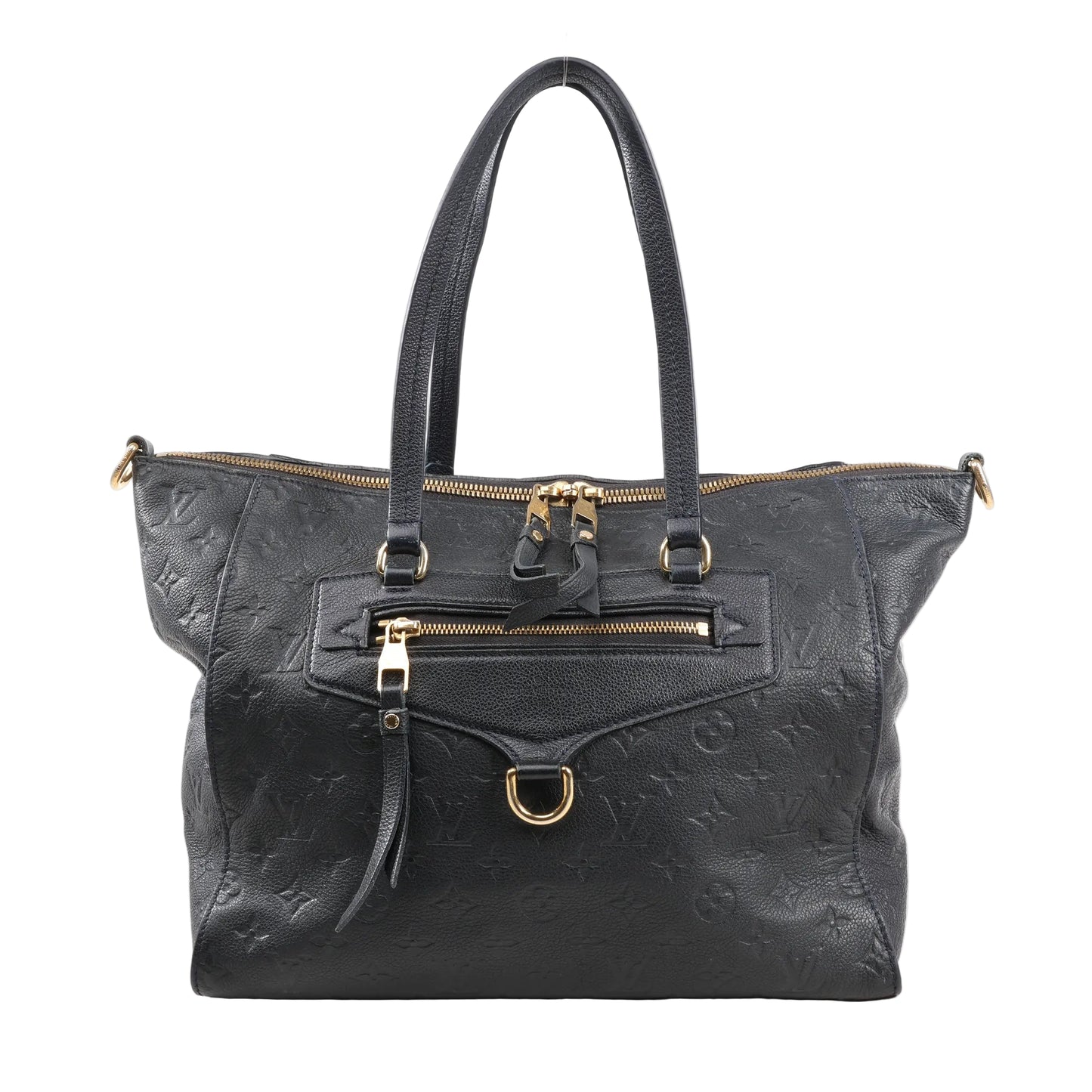 Louis Vuitton Lumineuse PM shoulder bag in navy blue Monogram Empreinte leather featuring gold-tone hardware, dual top handles, and front zip pocket.