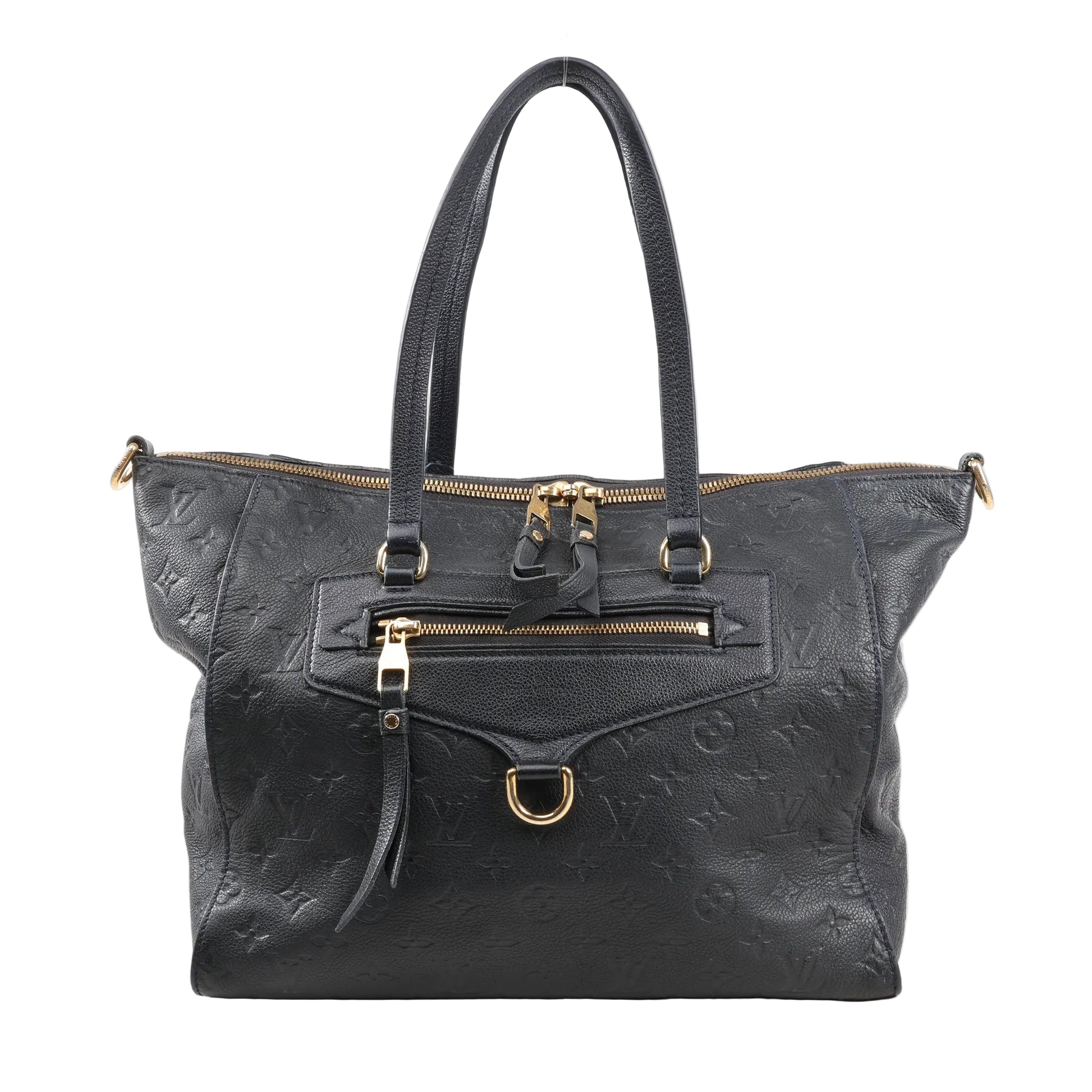 Louis Vuitton Lumineuse PM shoulder bag in navy blue Monogram Empreinte leather featuring gold-tone hardware, dual top handles, and front zip pocket.