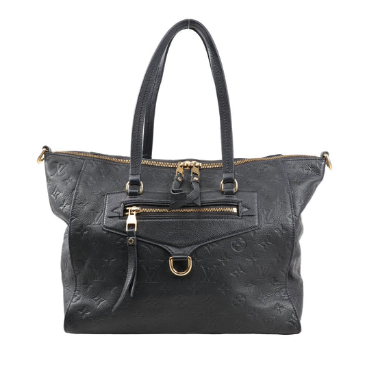 Louis Vuitton Lumineuse PM shoulder bag in navy blue Monogram Empreinte leather featuring gold-tone hardware, dual top handles, and front zip pocket.