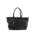 Navy blue Louis Vuitton Lumineuse PM leather handbag with long shoulder handles, top zip closure, front zip pocket and gold-tone hardware.