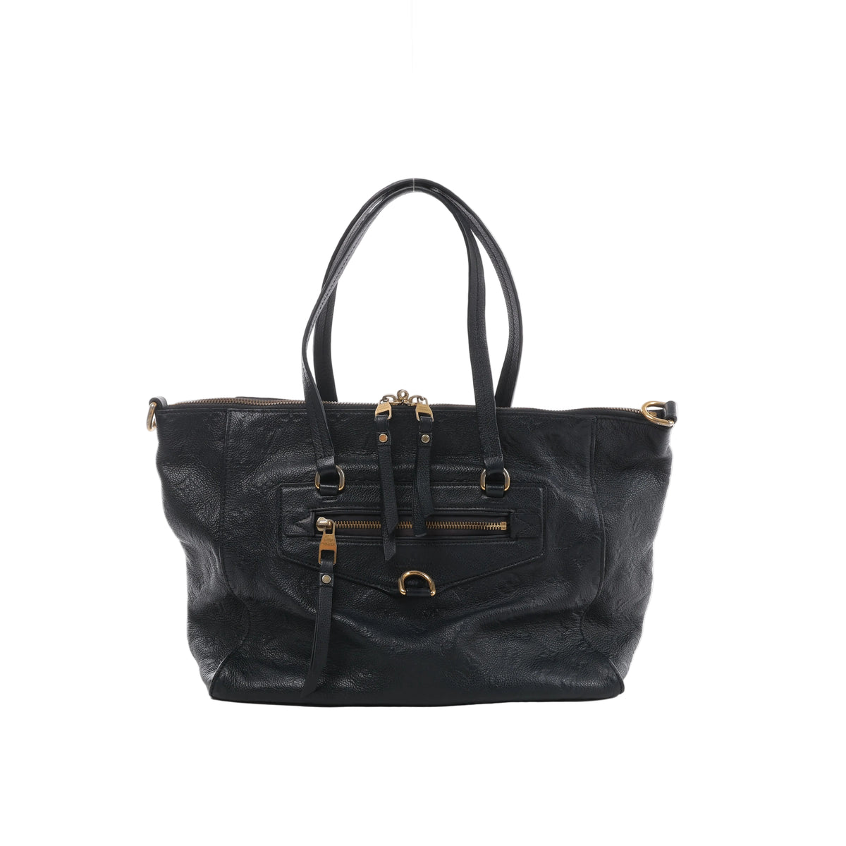 Navy blue Louis Vuitton Lumineuse PM leather handbag with long shoulder handles, top zip closure, front zip pocket and gold-tone hardware.
