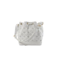 White Louis Vuitton Petit Noé NM bucket bag with Monogram cutout pattern, drawstring closure, gold-tone grommets, and adjustable shoulder strap.
