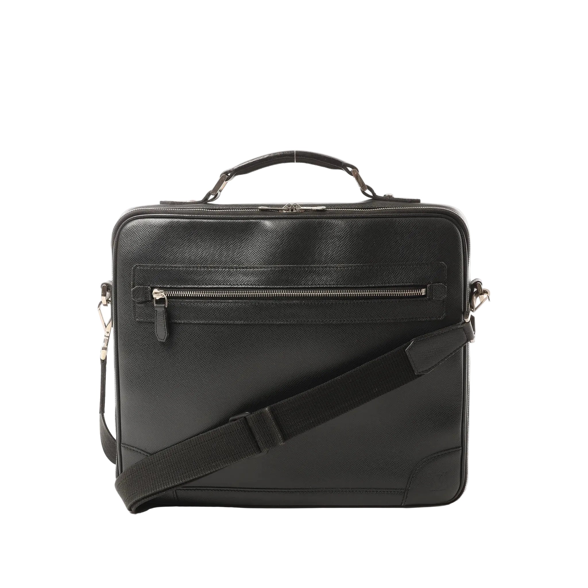 Louis Vuitton Odessa Taiga leather 2-way briefcase in ardoise black with top handle, detachable shoulder strap, and front zip pocket on white background.