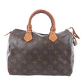 Louis Vuitton Speedy 25 M41528 brown Monogram handbag with tan leather top handles, gold-tone hardware and padlock on white background.