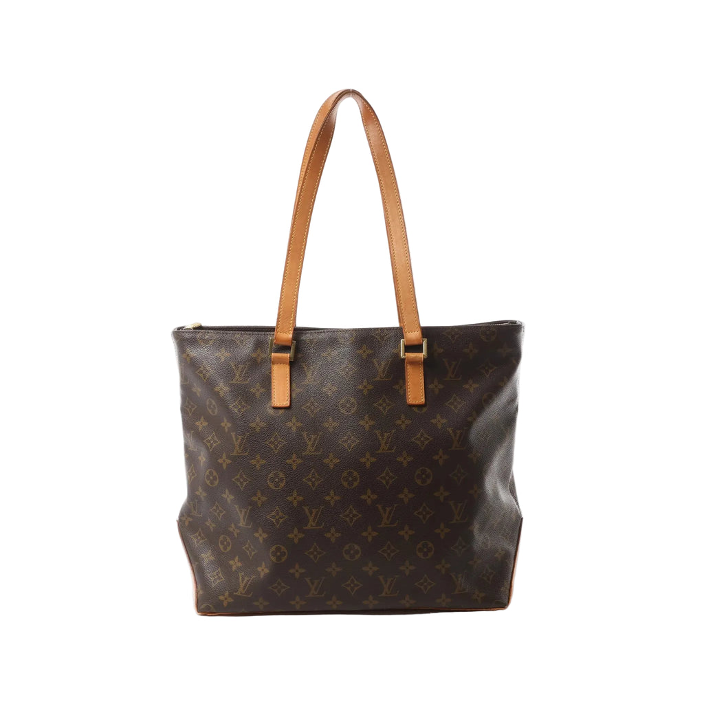 Louis Vuitton Cabas Mezzo Monogram canvas shoulder bag with long vachetta leather straps and gold-tone hardware.