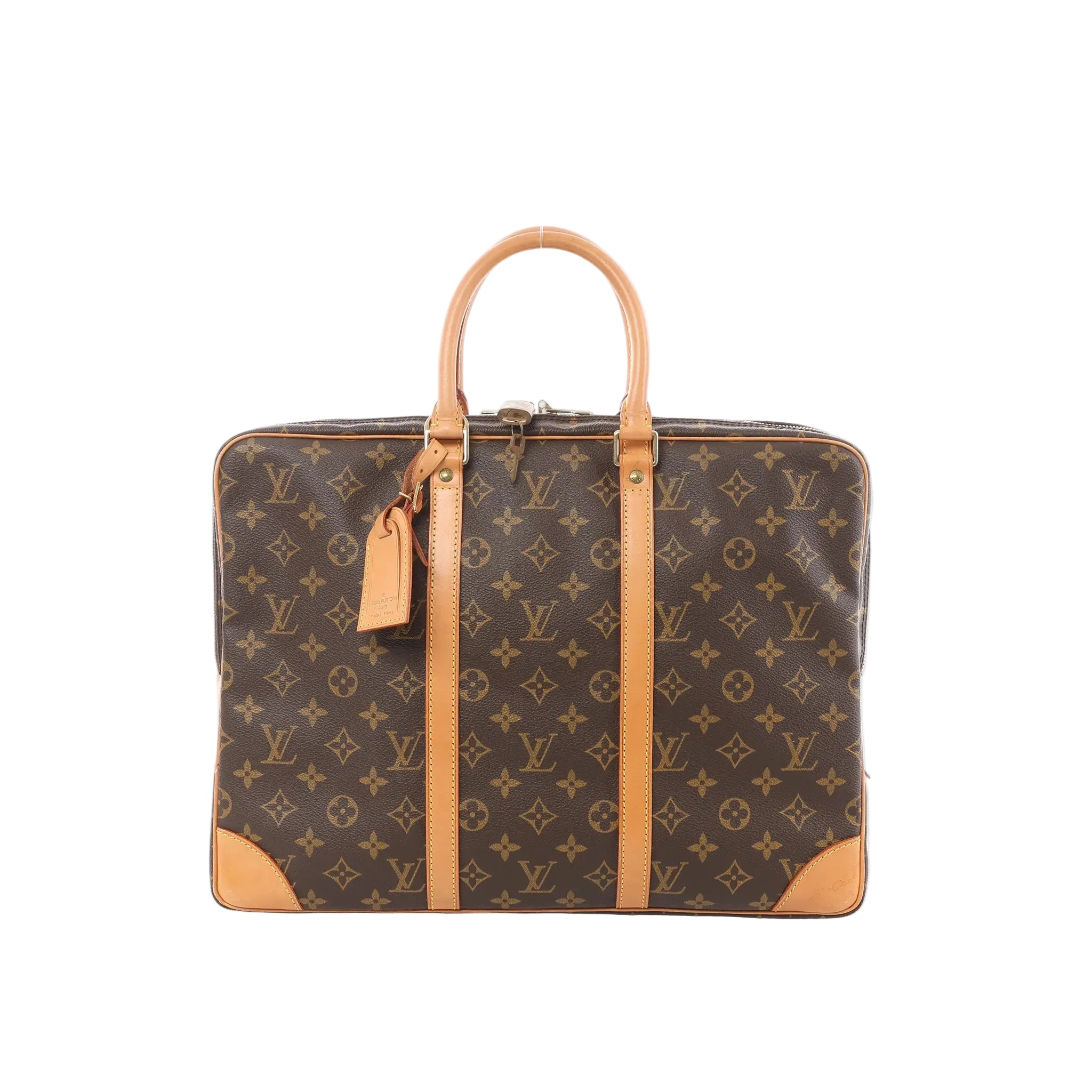 Louis Vuitton Monogram canvas briefcase with tan leather handles, vertical straps, zip top, and hanging tag