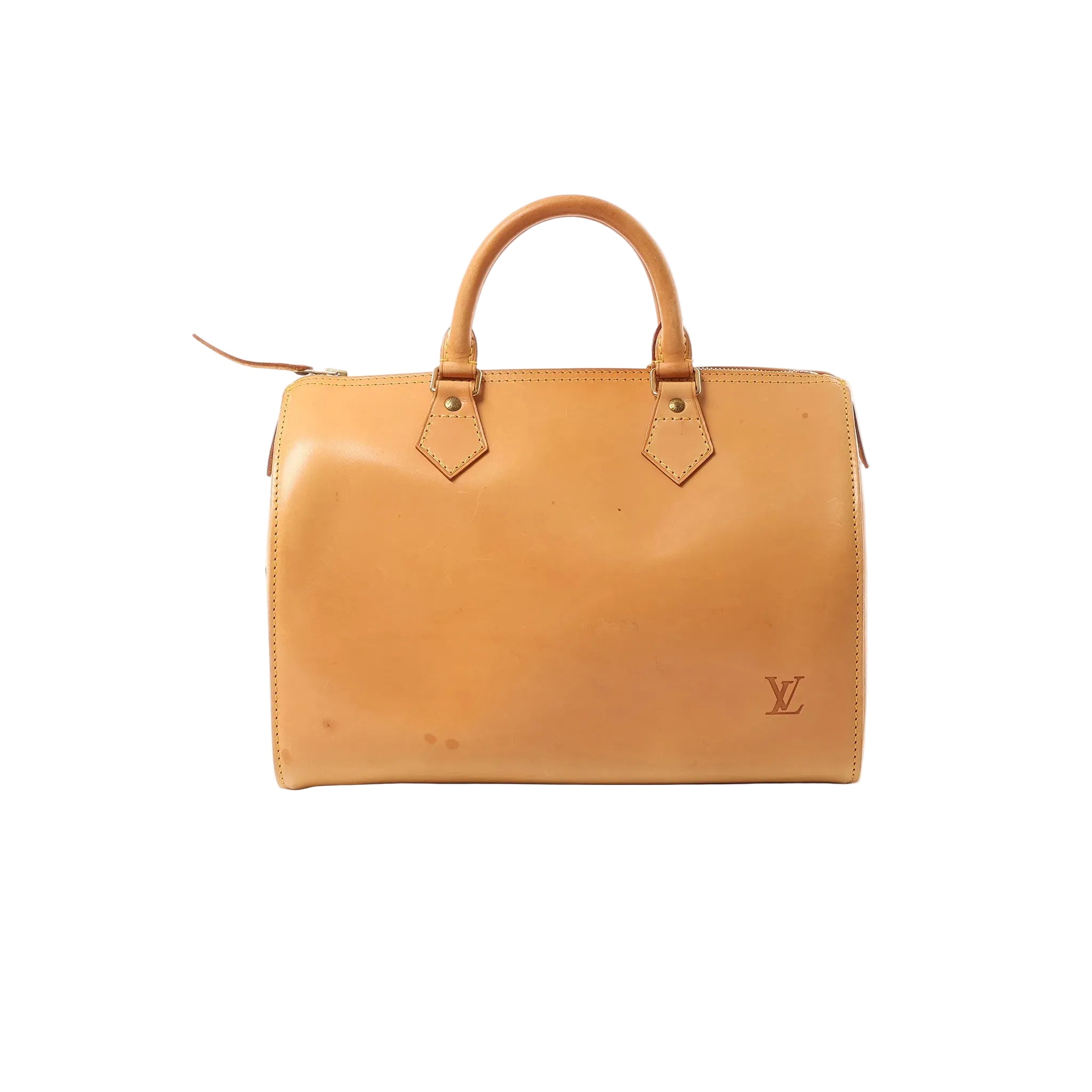 Light brown Louis Vuitton Speedy 30 Nomade leather handbag with double top handles, top zip closure, and embossed LV logo