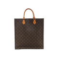 Louis Vuitton Sac Plat brown Monogram canvas tote bag with vachetta leather top handles and gold-tone hardware on white background.