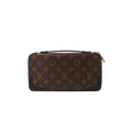 Louis Vuitton Monogram Macassar Daily Organizer wallet in brown canvas with black leather corner trim, zip-around closure, and small top handle
