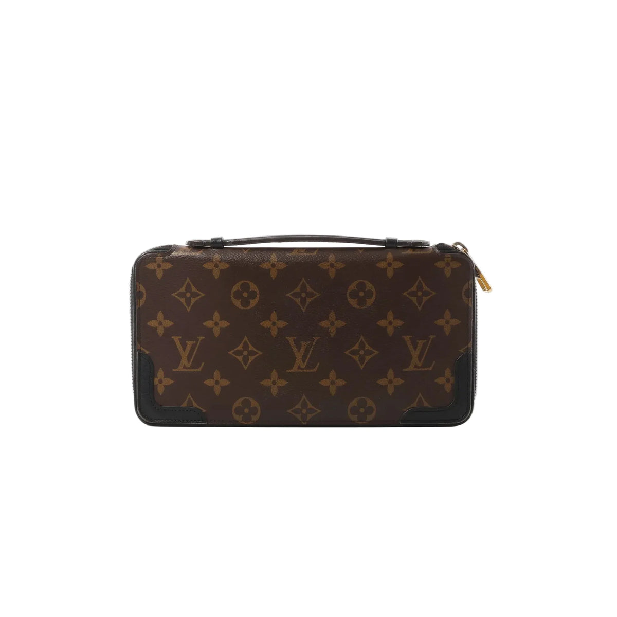 Louis Vuitton Monogram Macassar Daily Organizer wallet in brown canvas with black leather corner trim, zip-around closure, and small top handle
