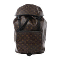 Louis Vuitton Zack Macassar backpack in brown Monogram canvas with black trim, front zip pocket, flap top closure and drawstring opening.
