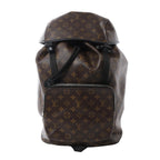 Louis Vuitton Zack Macassar backpack in brown Monogram canvas with black trim, front zip pocket, flap top closure and drawstring opening.