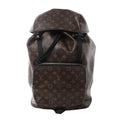 Louis Vuitton Zack Macassar backpack in brown Monogram canvas with black trim, front zip pocket, flap top closure and drawstring opening.