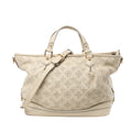 Front view of Louis Vuitton Monogram Mahina Stella PM Leather Handbag M93067 in beige perforated leather with signature LV monogram pattern, gold-tone hardware, double top handles, and adjustable shoulder strap, displayed against a white background.