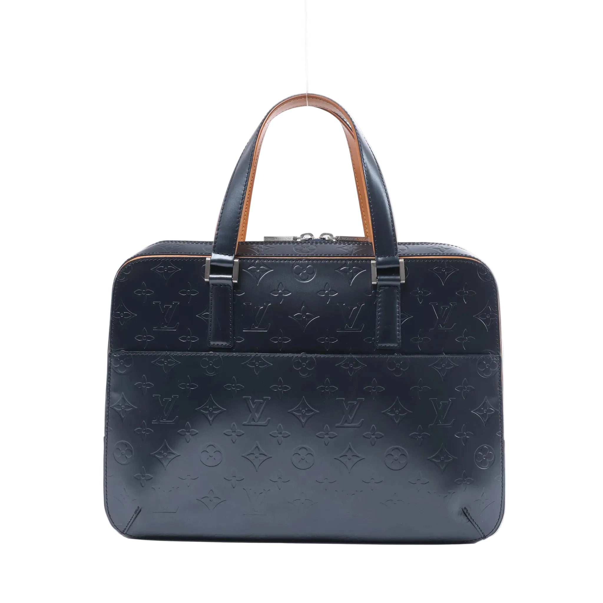 Front view of a navy blue Louis Vuitton Malden handbag in embossed Monogram Mat leather with dual handles, silver-tone hardware and a front pocket.