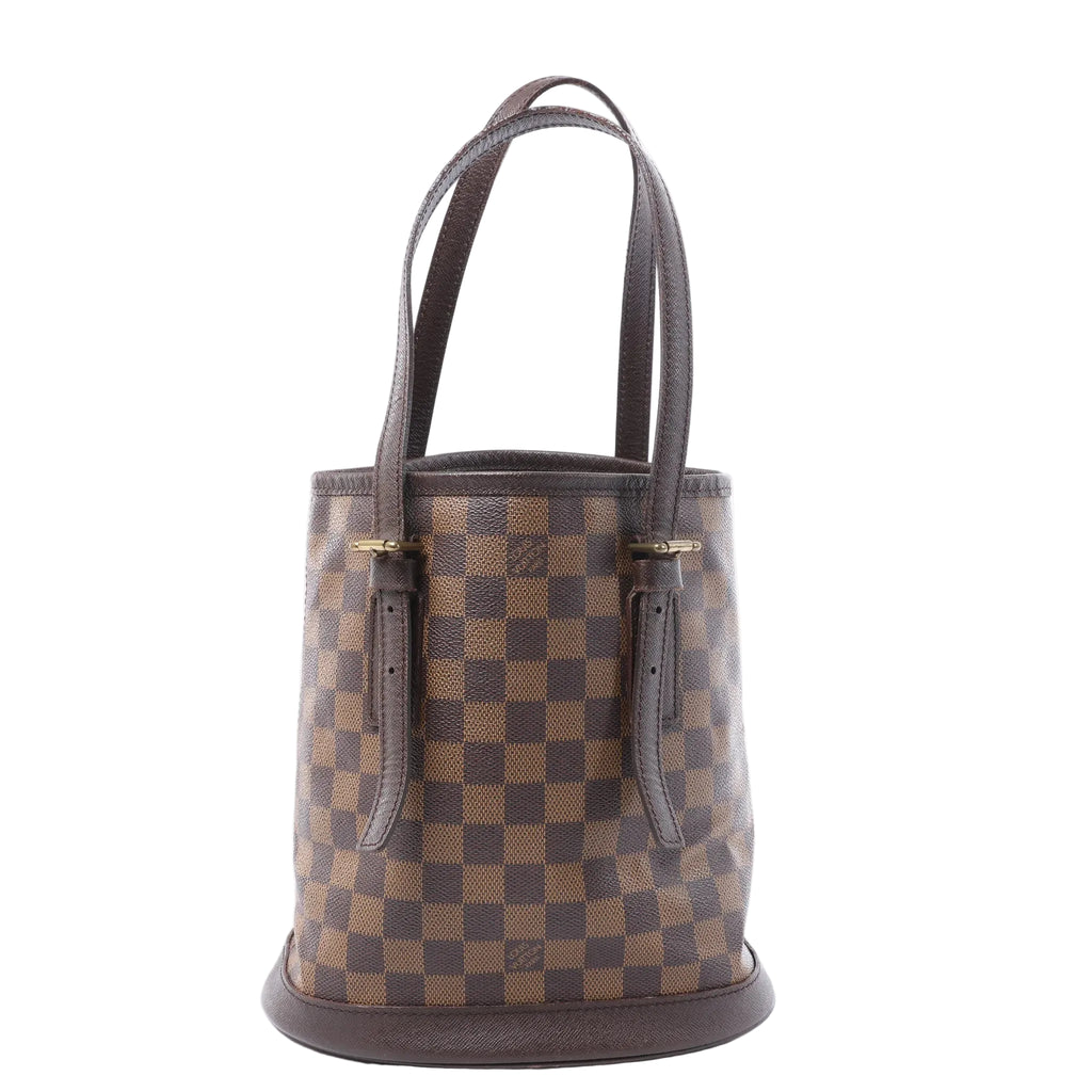 Front view of a brown Louis Vuitton Damier Ebene bucket-style shoulder bag with dark leather trim, long handles and gold-tone buckles