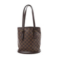 Louis Vuitton Marais bucket bag in brown Damier Ebene canvas with two long dark brown leather straps, gold-tone buckles and a leather-trimmed base.