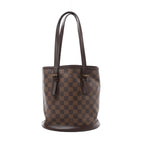 Louis Vuitton Marais bucket bag in brown Damier Ebene canvas with two long dark brown leather straps, gold-tone buckles and a leather-trimmed base.