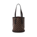 Louis Vuitton Malle shoulder bag in brown Damier Ebene canvas with long dark leather straps, gold-tone hardware and a structured round base.