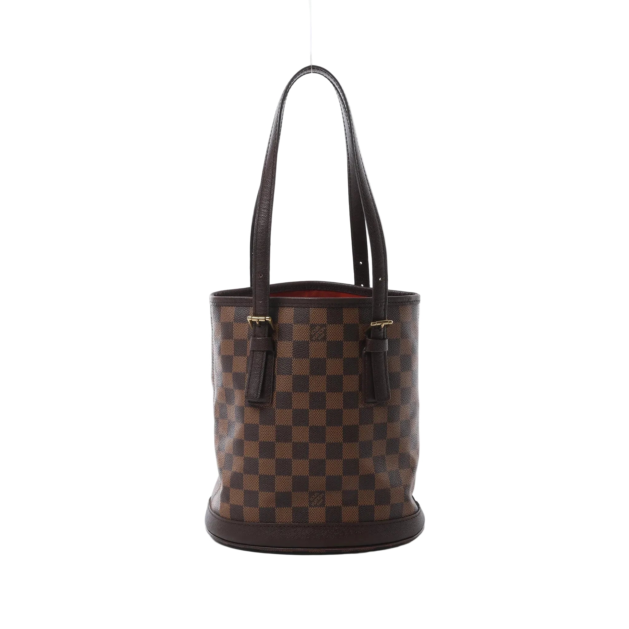 Louis Vuitton Malle shoulder bag in brown Damier Ebene canvas with long dark leather straps, gold-tone hardware and a structured round base.