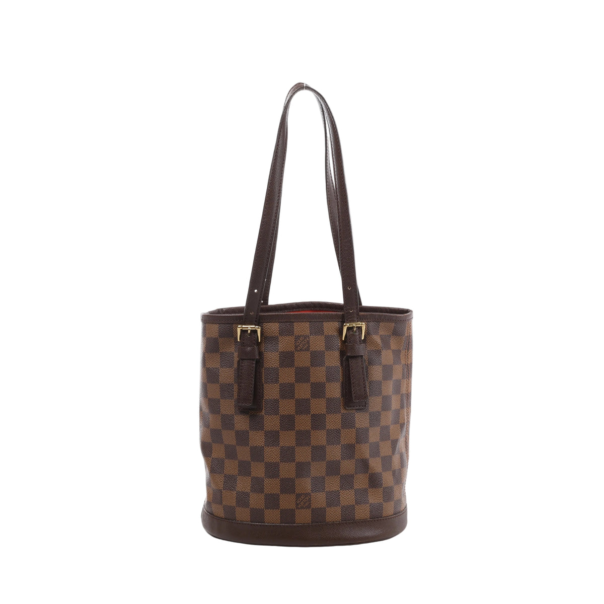 Front view of Louis Vuitton Malle brown Damier Ebene shoulder bag with a tall rounded shape, dark brown leather trim and two buckled shoulder straps.