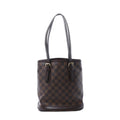 Louis Vuitton Malle shoulder bag in brown Damier Ebene canvas with dark leather trim, long shoulder straps, gold-tone buckles, and structured base on white background.
