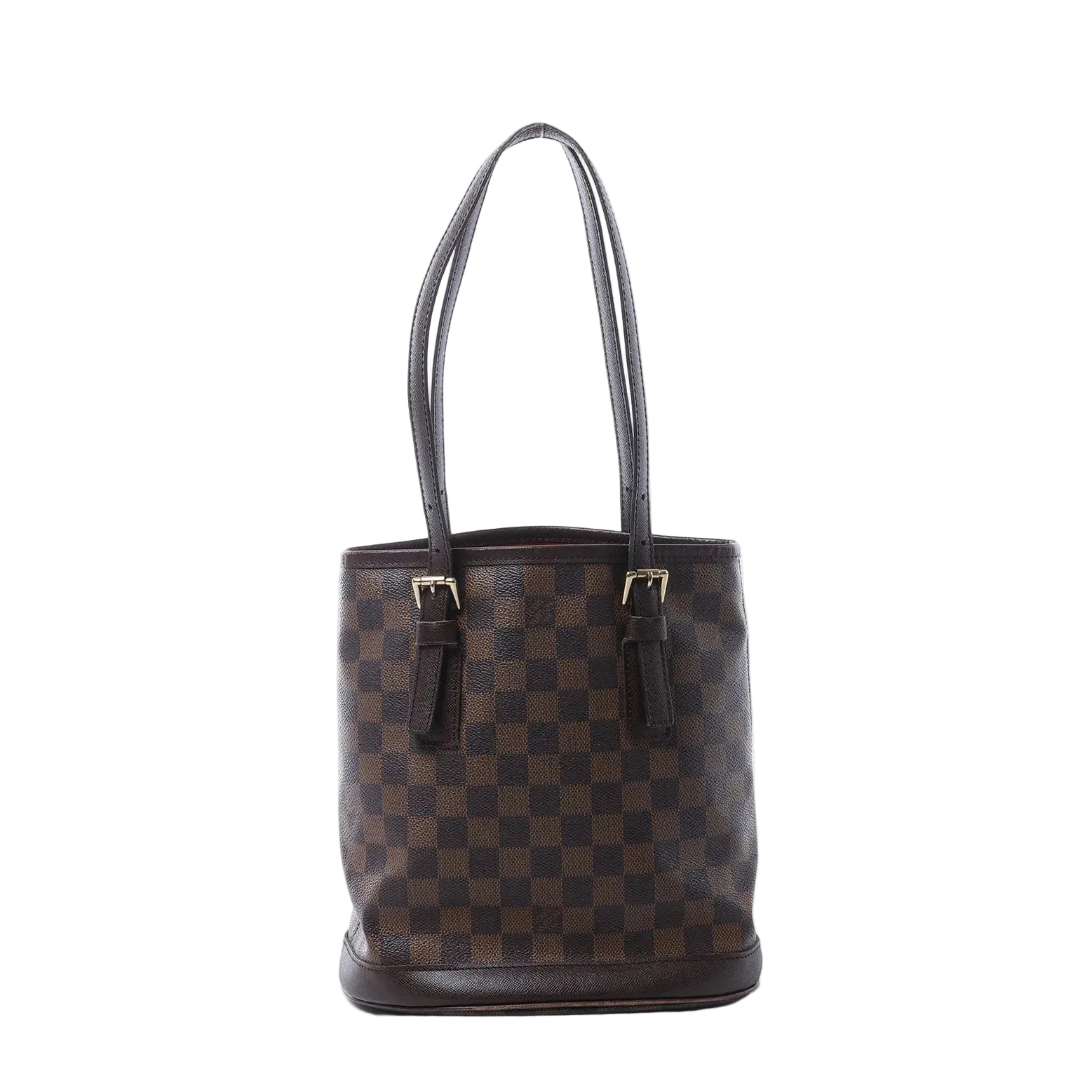 Louis Vuitton Malle shoulder bag in brown Damier Ebene canvas with dark leather trim, long shoulder straps, gold-tone buckles, and structured base on white background.
