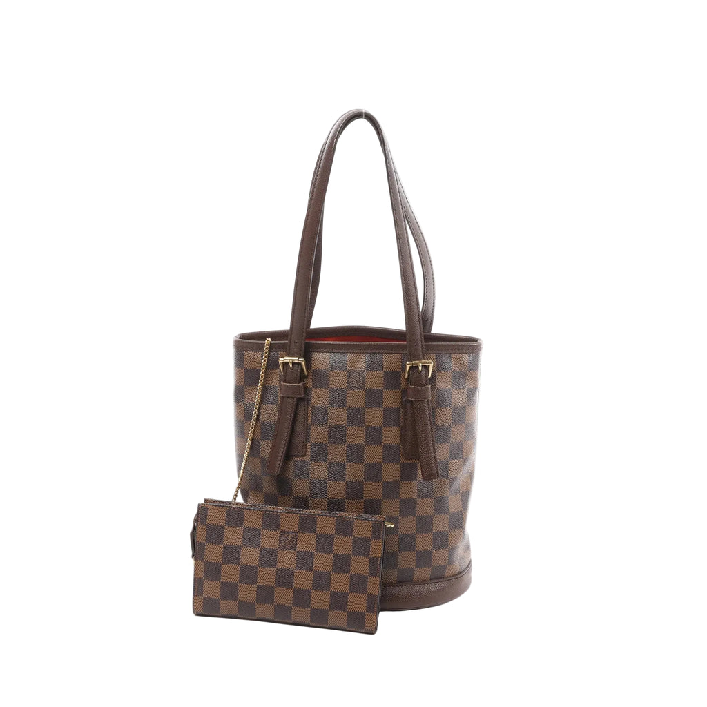 Louis Vuitton Malle Damier Ebene checkered shoulder tote with dark leather straps, gold-tone hardware, and matching flat pouch on chain, front view on white background.