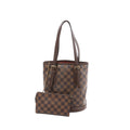 Louis Vuitton Malle Damier Ebene checkered shoulder tote with dark leather straps, gold-tone hardware, and matching flat pouch on chain, front view on white background.