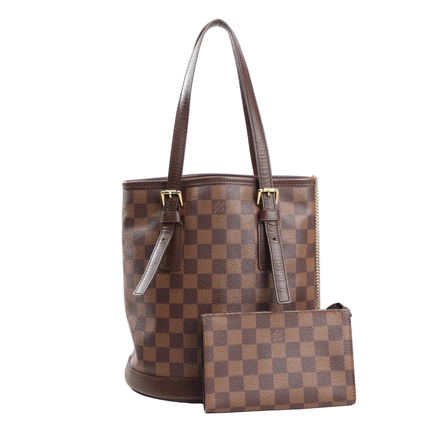 Louis Vuitton Damier Malle Shoulder Bag N42240 in brown Damier Ebene coated canvas with dual adjustable leather straps, gold-tone hardware, and matching checkered pouch against a white background.