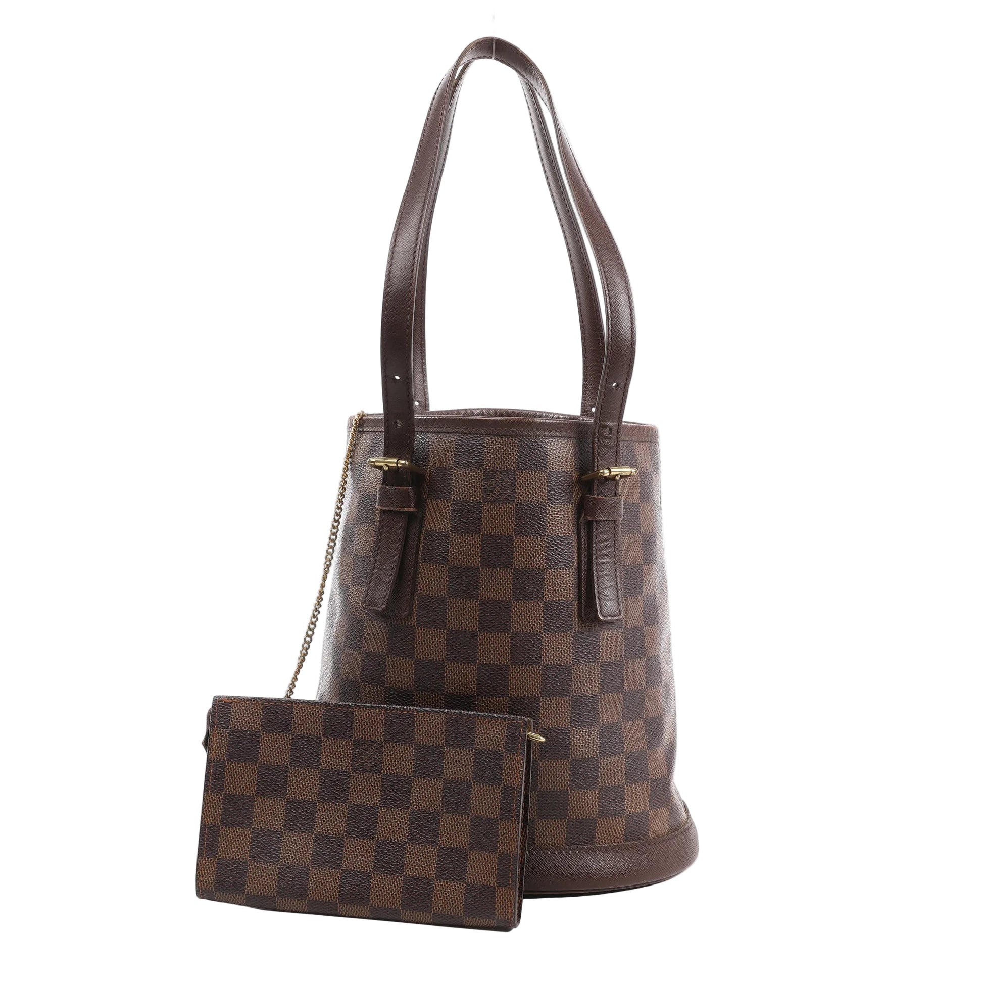 Louis Vuitton Damier Malle Shoulder Bag N42240 in brown Damier Ebene canvas with leather trim, featuring dual shoulder straps and a detachable matching pouch with gold-tone chain, displayed upright against a white background.