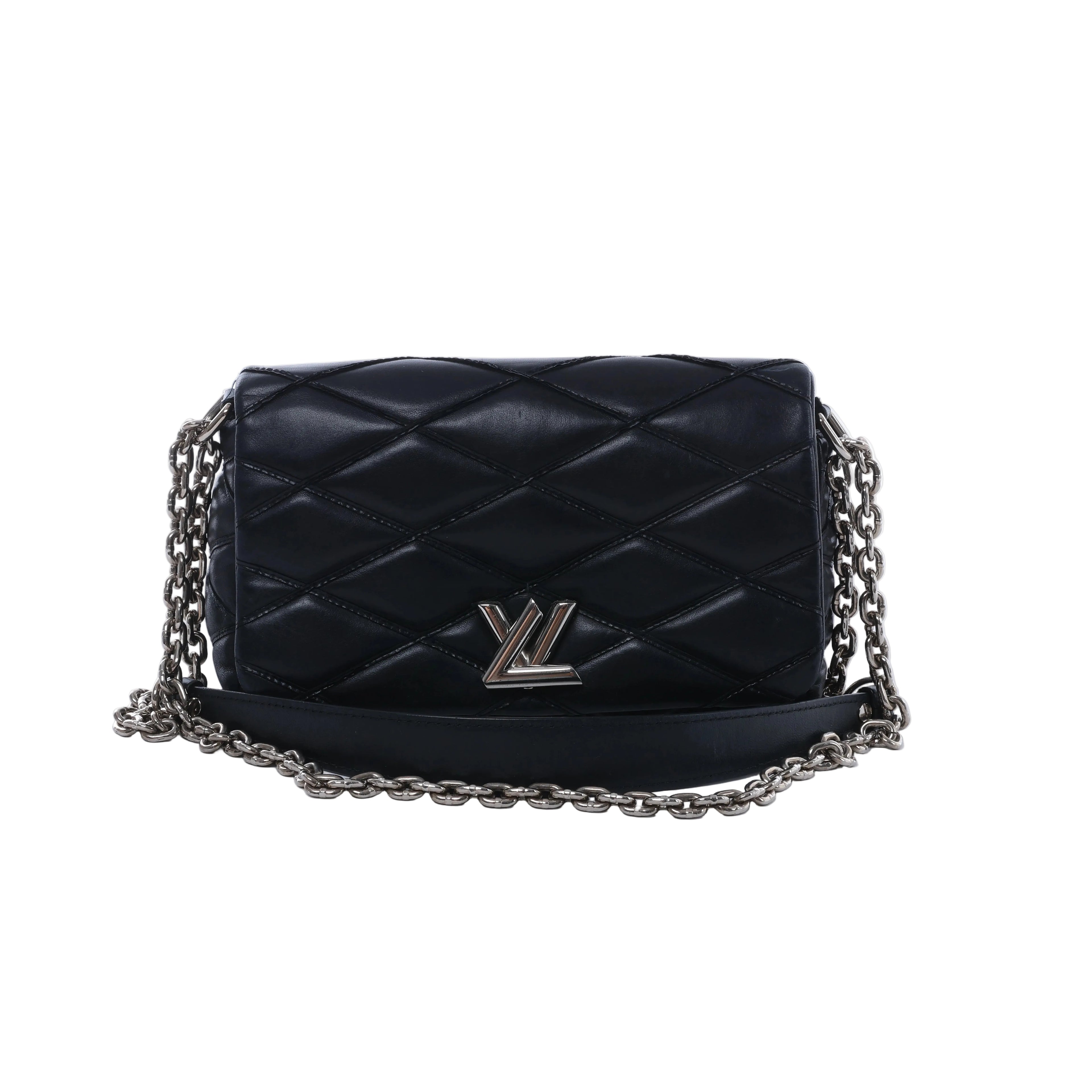 Black Louis Vuitton GO-14 MM leather crossbody bag with geometric quilting, silver-tone LV clasp and chain-and-leather shoulder strap.