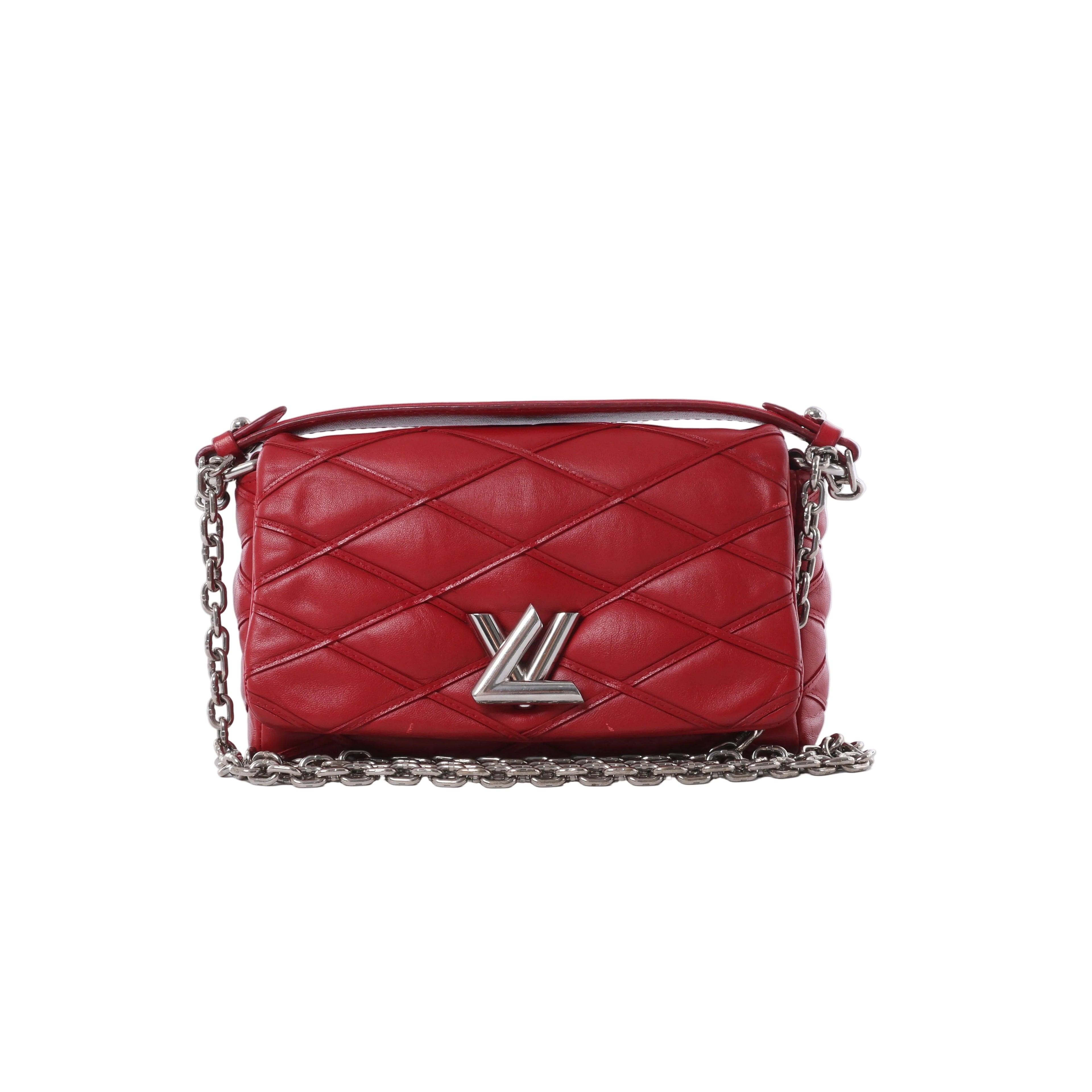 Red Louis Vuitton GO-14 Mini quilted leather shoulder bag with silver-tone LV twist clasp and chain strap.