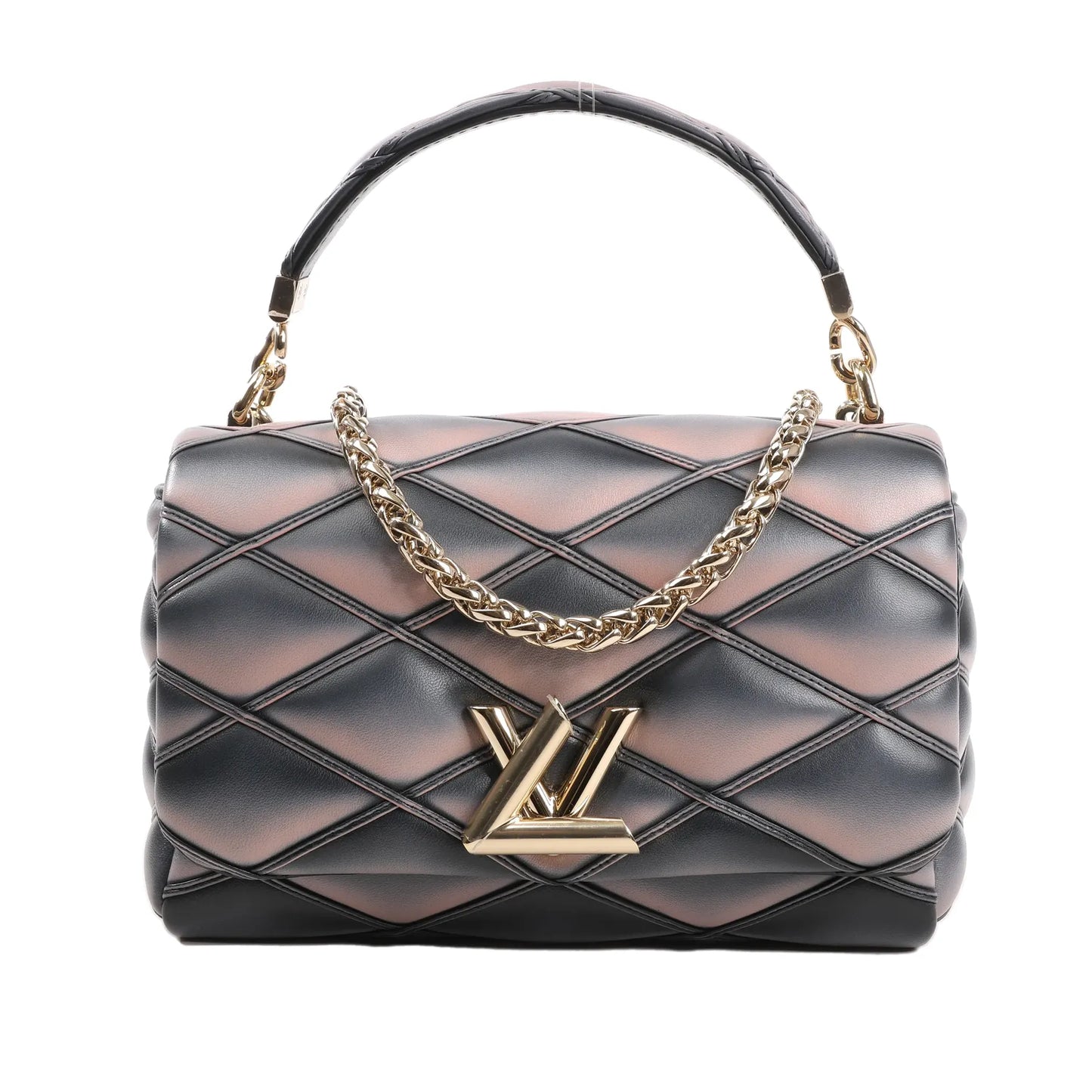 Front view of the Louis Vuitton GO-14 MM Malletage crossbody bag M23569, featuring quilted black and pink lambskin leather, gold-tone chain strap, and signature gold LV twist-lock closure.