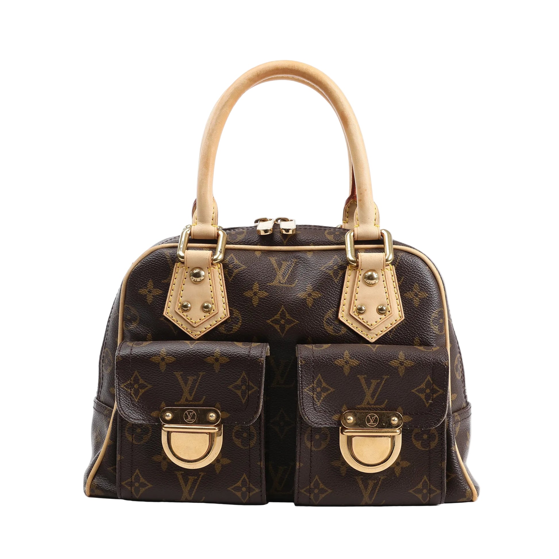 Louis Vuitton Manhattan PM Handbag M40026 in Monogram canvas with natural vachetta leather trim, dual rolled handles, two front flap pockets with gold-tone push-lock closures, and top zip closure, displayed against a white background.