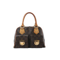 Louis Vuitton Manhattan PM handbag in brown Monogram canvas with tan rolled handles, dual front flap pockets and gold-tone hardware.
