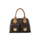 Louis Vuitton Manhattan PM handbag in brown Monogram canvas with tan rolled handles, dual front flap pockets and gold-tone hardware.