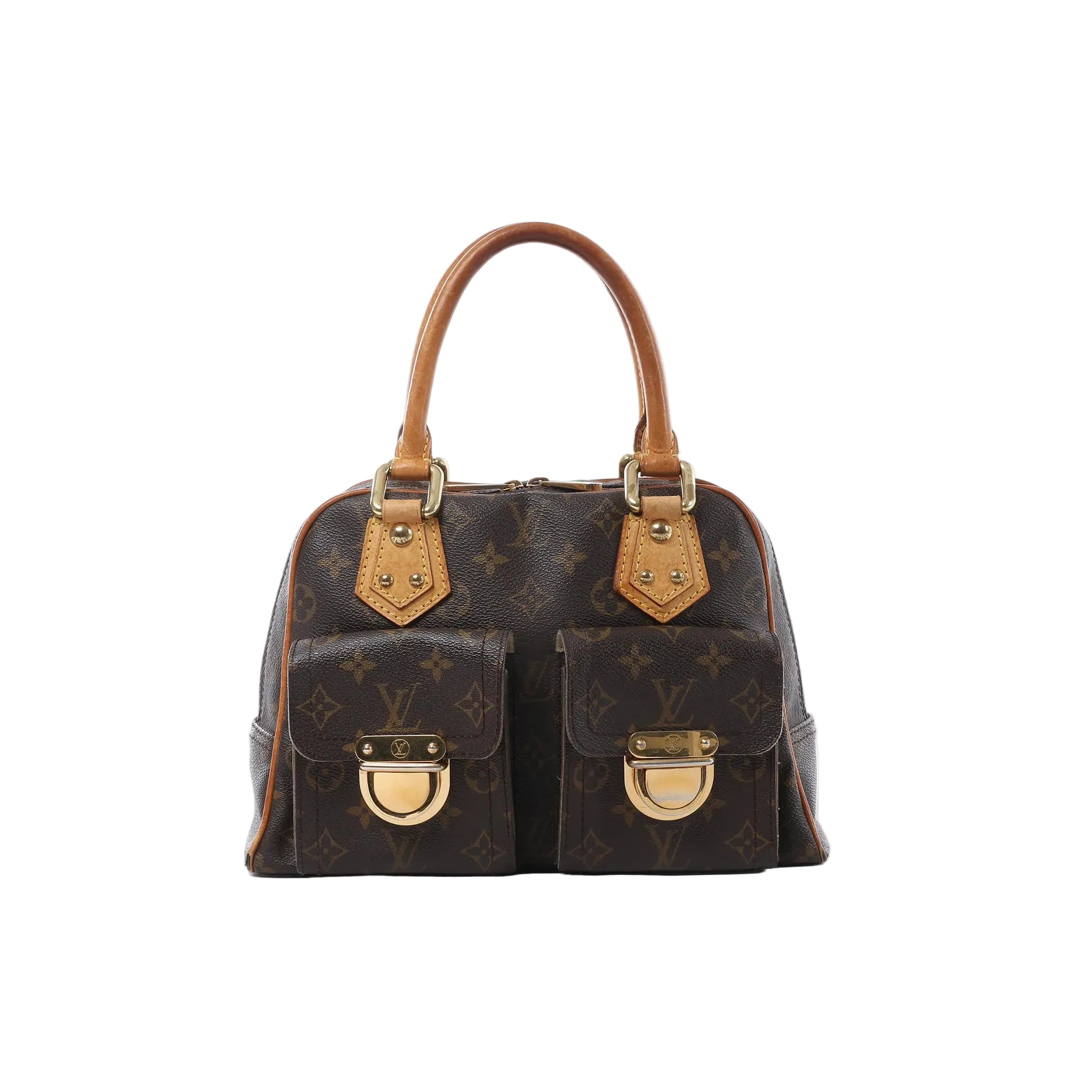 Louis Vuitton Manhattan PM handbag in brown Monogram canvas with tan rolled handles, dual front flap pockets and gold-tone hardware.