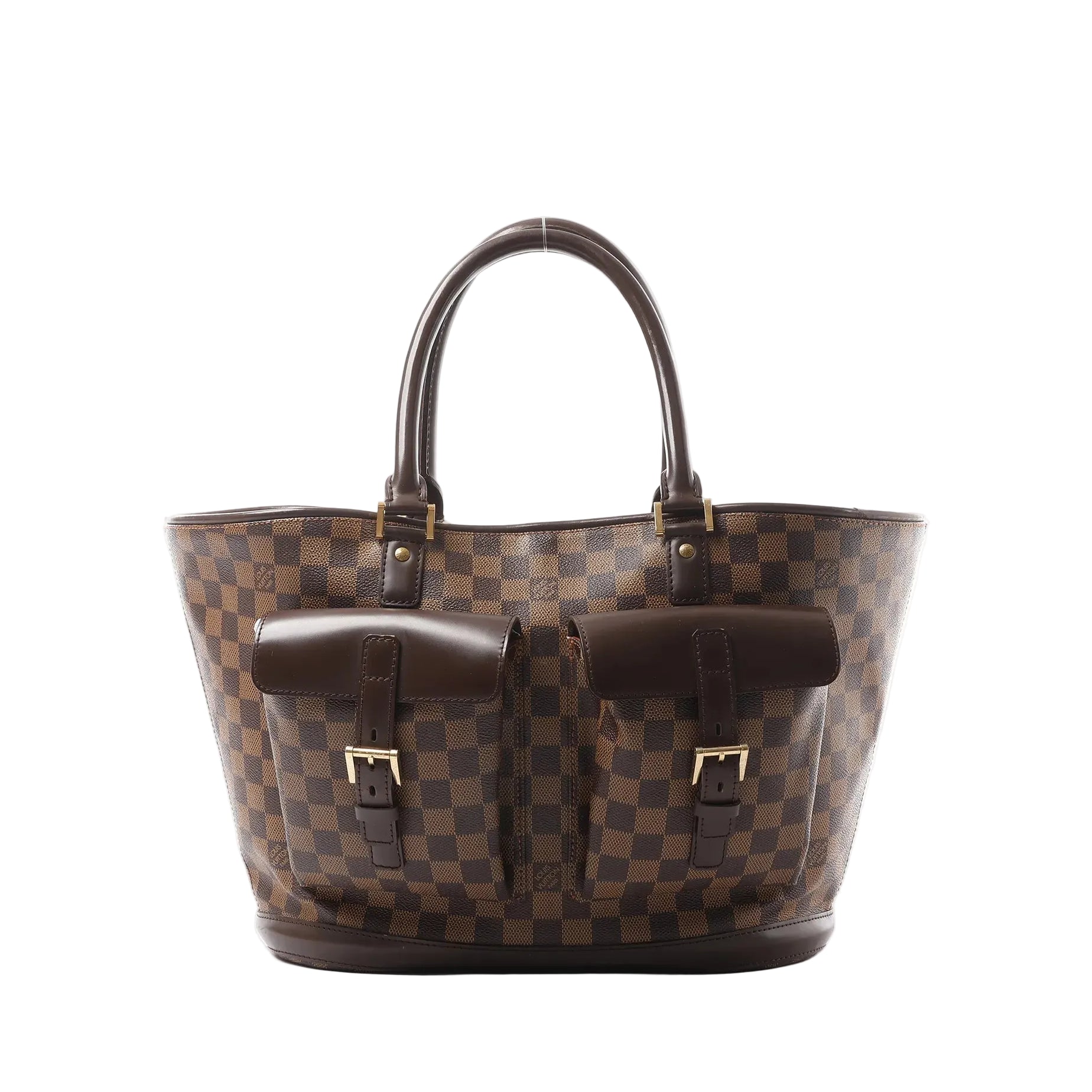Louis Vuitton Manosque GM tote bag in brown Damier Ebene check canvas with dark leather top handles and two front buckle pockets on white background