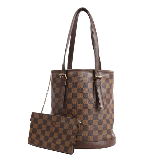 Louis Vuitton Malle shoulder bag N42240 in brown Damier Ebene coated canvas, featuring structured vertical shape, dark brown leather trim and straps, gold-tone hardware, and a detachable matching pouch with a chain accent.