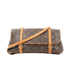 Louis Vuitton Marelle bag in brown Monogram canvas with vachetta leather trim, flap front, two buckle straps, and long leather shoulder strap.