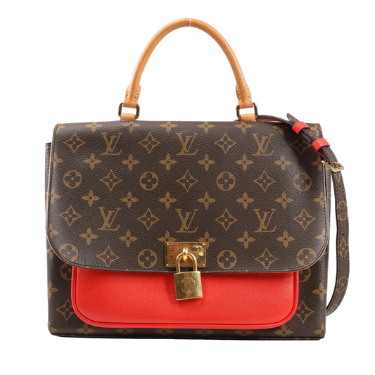 Louis Vuitton Marignan handbag in Monogram canvas with a red leather front pocket, top handle, adjustable shoulder strap, and gold-tone lock, model M44286.