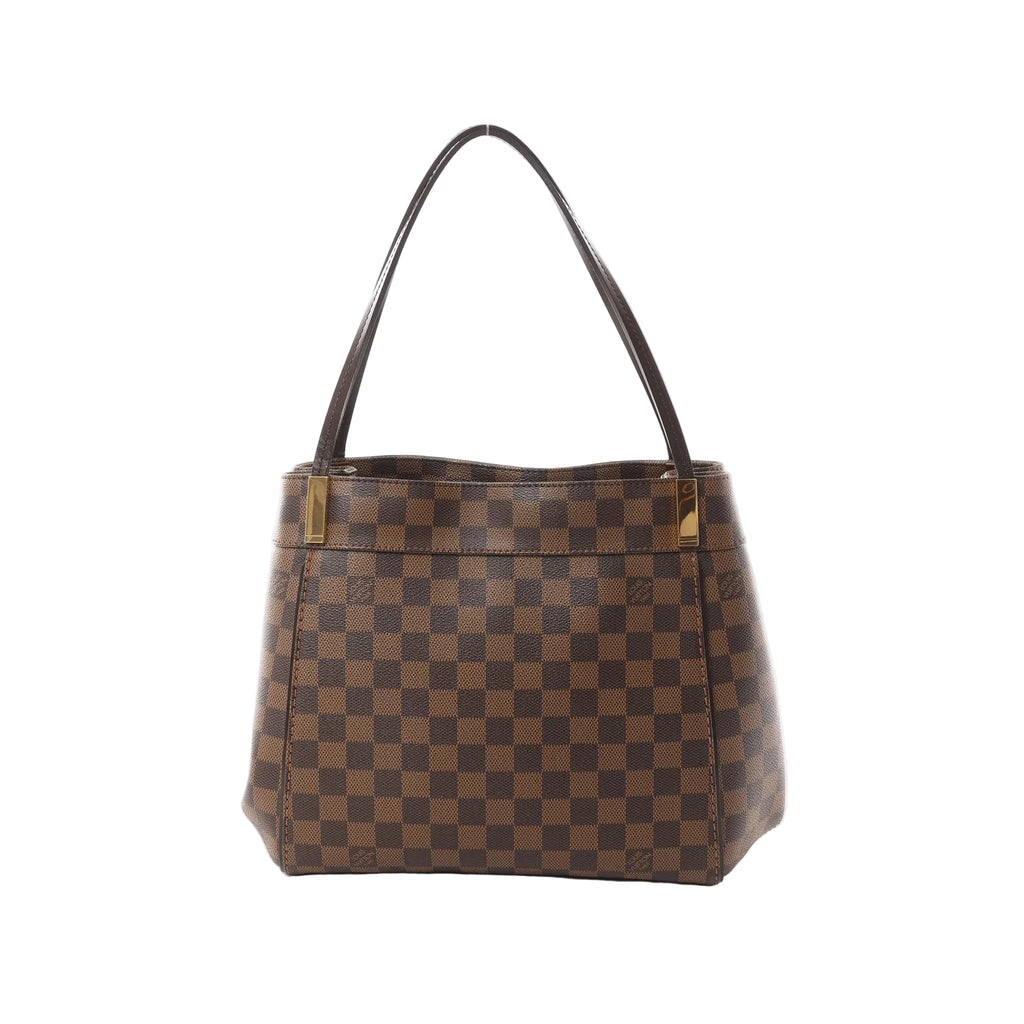 Louis Vuitton Damier Ebene checkered canvas shoulder bag with dark brown leather straps and gold-tone strap attachments
